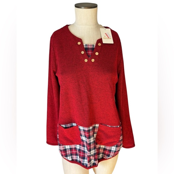 NWT Meinike Asian Made Red Plaid Layered Vintage Inspired Tunic Sweater Sz 42 XL - Picture 1 of 12